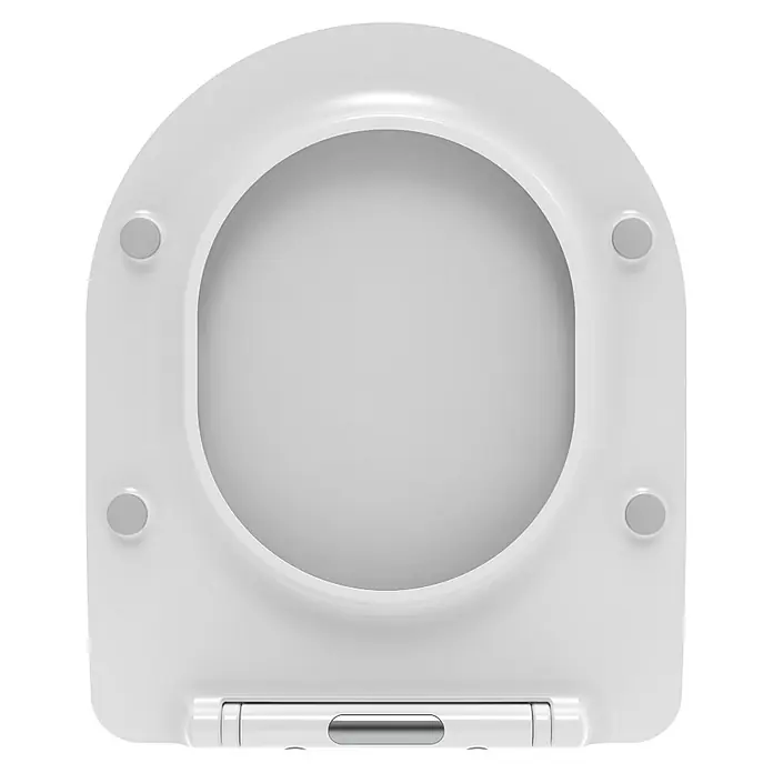 Kiamami Valentina WC-Sitz - Weiß, Mit Absenkautomatik - Weiße Toilettenbrille, Aufsicht, mit vier grauen Puffern und verchromtem Scharnier.