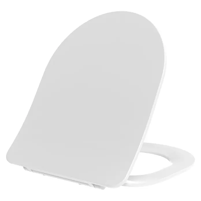 Kiamami Valentina WC-Sitz - Weiß, Mit Absenkautomatik - Weißer Toilettensitz und -deckel, teilweise geöffnet.