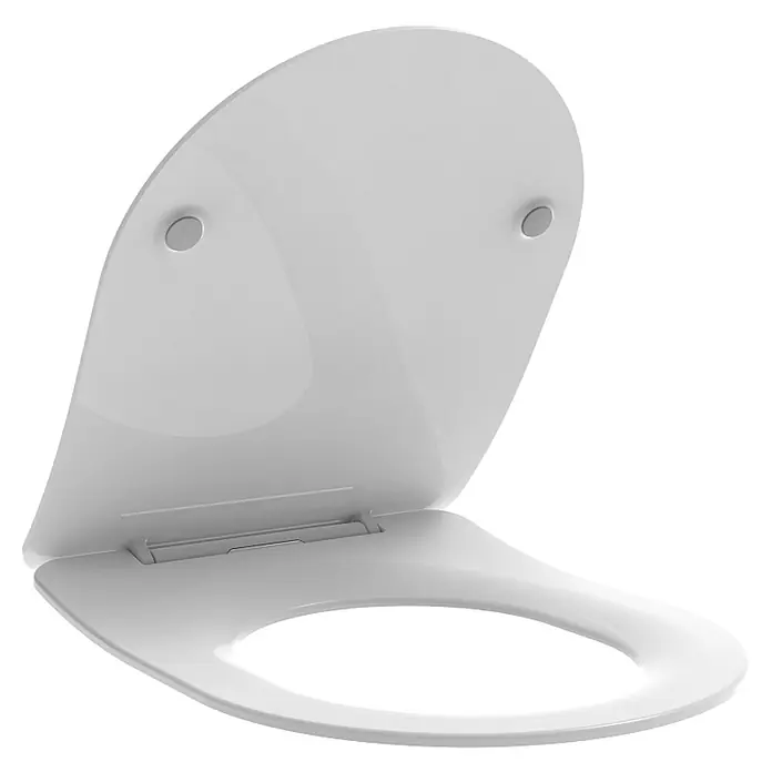 Kiamami Valentina WC-Sitz - Weiß, Mit Absenkautomatik - Weißer Toilettensitz mit Deckel, geöffnet, mit sichtbaren Scharnieren und Sitzpuffern.