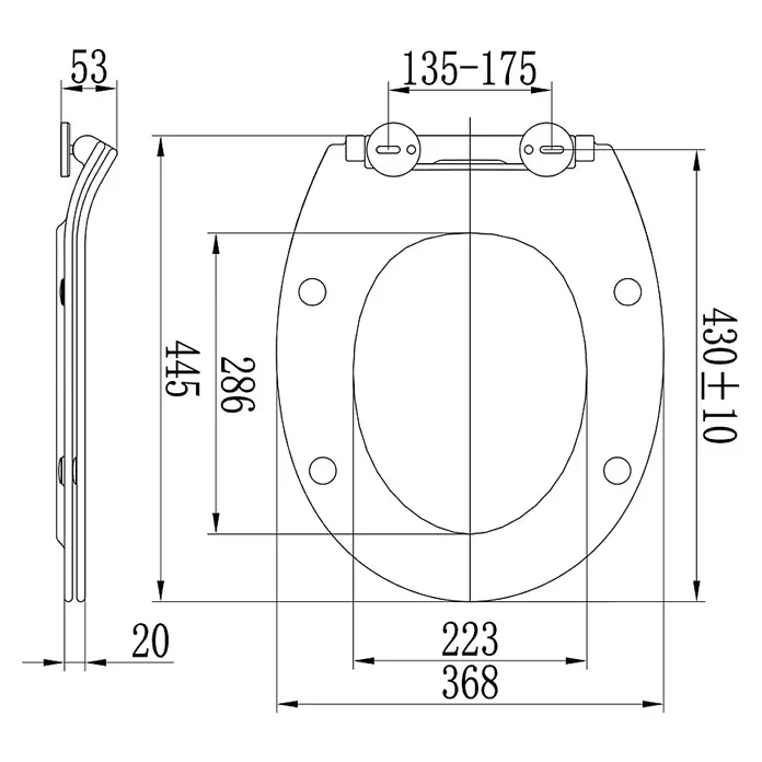 Kiamami Valentina WC-Sitz - Weiß, Mit Absenkautomatik - Technisches Diagramm eines Toilettensitzes mit Scharnier- und Maßangaben.
