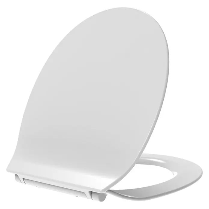 Kiamami Valentina WC-Sitz - Weiß, Mit Absenkautomatik - Weißer, ovaler Toilettensitz mit teilweise geöffnetem Deckel.