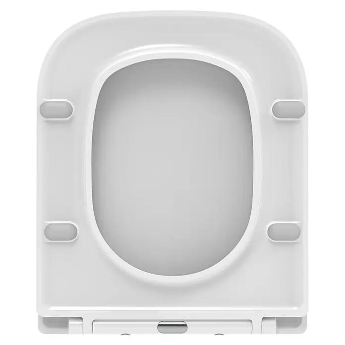 Kiamami Valentina WC-Sitz - Weiß, Mit Absenkautomatik - Weißer Toilettensitz aus Kunststoff, von oben gesehen, mit Scharnieren und kleinen Puffern.
