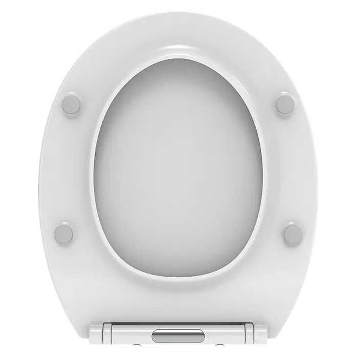 Kiamami Valentina WC-Sitz - Weiß, Mit Absenkautomatik - Weißer ovaler Toilettensitz mit vier grauen Stabilisierungspuffern und robustem Scharniermechanismus.