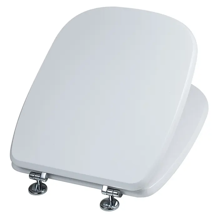 Kiamami Valentina WC-Sitz - Weiß - Weißer Toilettensitz mit Chromscharnieren, leicht geöffnet.