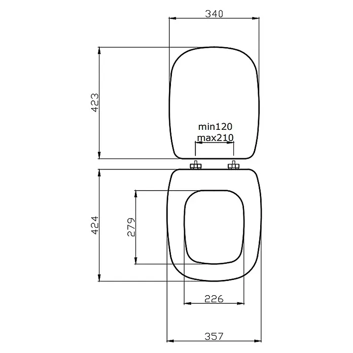 Kiamami Valentina WC-Sitz - Weiß - Technische Zeichnung eines Toilettensitzes mit Maßen für Länge, Breite und Scharnierabstand.