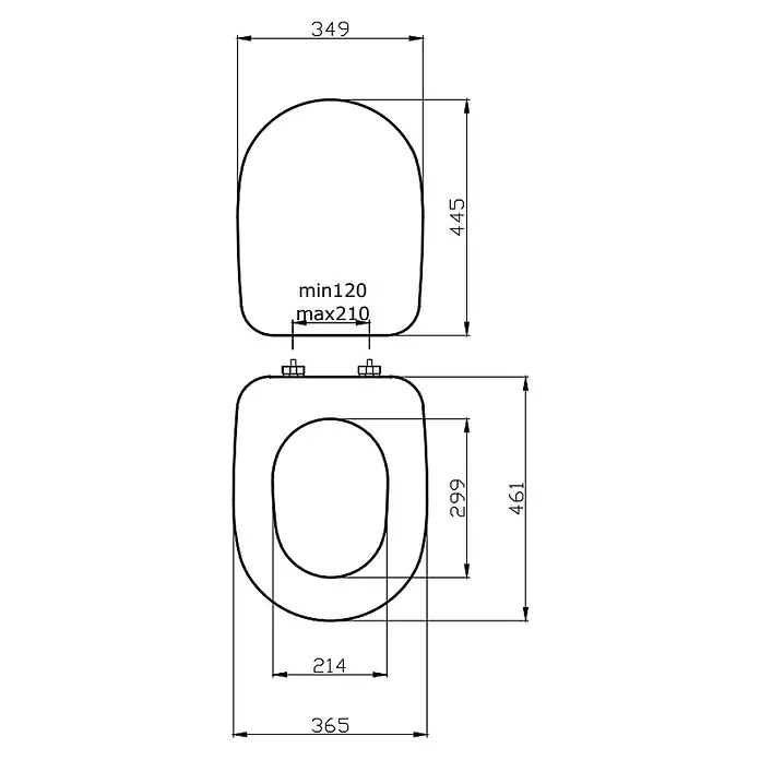 Kiamami Valentina WC-Sitz - Weiß - Technische Zeichnung eines Toilettensitzes mit Deckel, Maße für Breite, Länge und einstellbaren Scharnierabstand (120-210mm).
