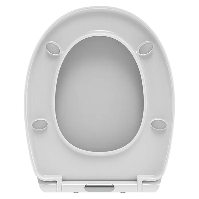Kiamami Valentina WC-Sitz - Weiß, Mit Absenkautomatik - Weißer Kunststoff-Toilettensitz von unten, mit vier ovalen Puffern und modernem Scharnier.