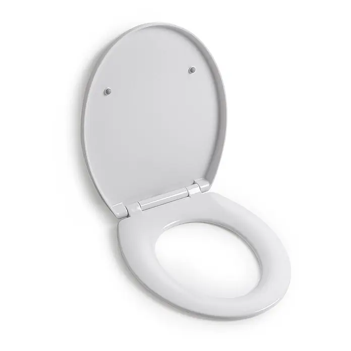 Kiamami Valentina WC-Sitz - Weiß, Mit Absenkautomatik - Weißer Kunststoff-Toilettensitz mit geöffnetem Deckel, zeigt Sitz und Scharniere.