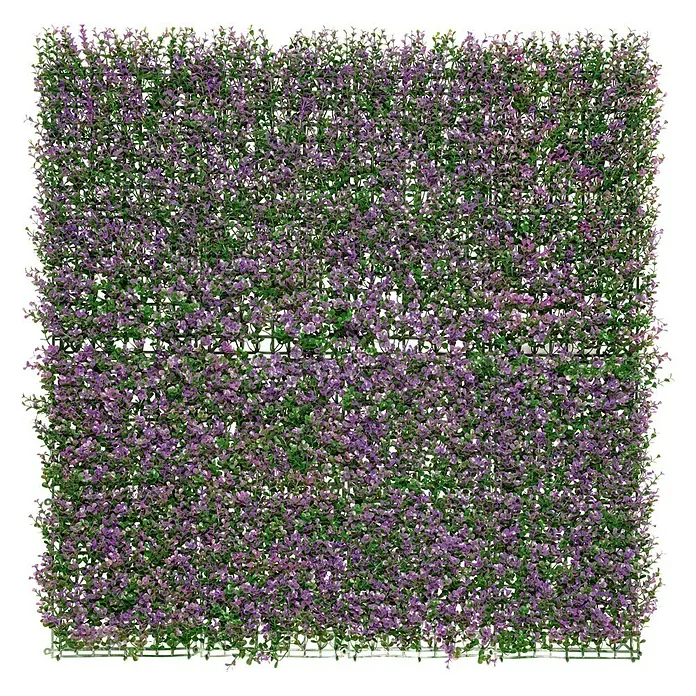 Nortene Jardín vertical Lavanda - Plástico, L x An: 100 x 100 cm - Primer plano de una pared vegetal artificial cuadrada con hojas moradas y verdes. Este producto sirve como elemento decorativo para espacios interiores y exteriores.