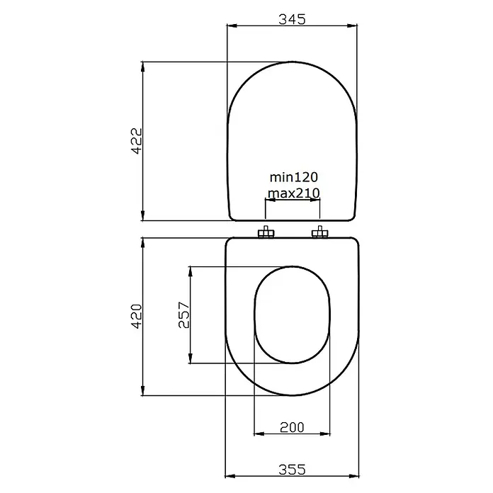Kiamami Valentina WC-Sitz - Weiß - Technische Zeichnung eines Toilettensitzes mit Maßen für Länge, Breite und verstellbare Befestigungslöcher.