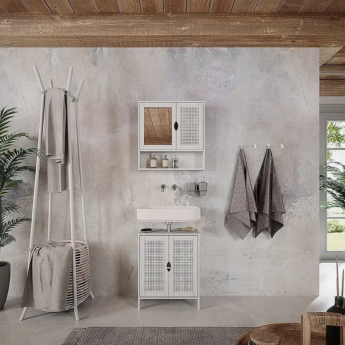 Vicco Badmöbel-Set - Weiß, Sonstiges - Weißes Badmöbel-Set: Waschtisch mit Waschbecken, Spiegelschrank und Handtuchständer mit Korb, im modernen Badezimmer.