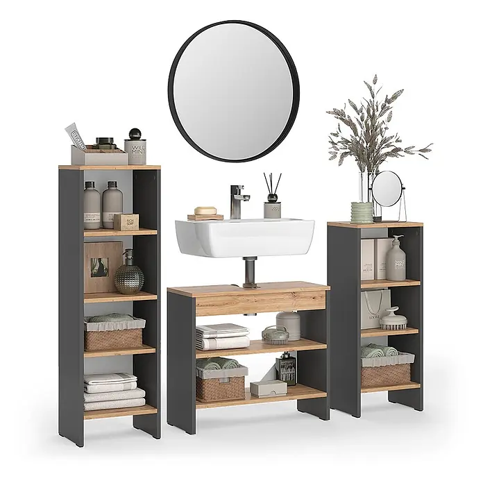 Vicco Badmöbel-Set - Anthrazit, Matt - Modernes dunkelgraues und Holz-Badezimmerwaschtisch mit Waschbecken, Spiegel und offenen Ablageregalen.