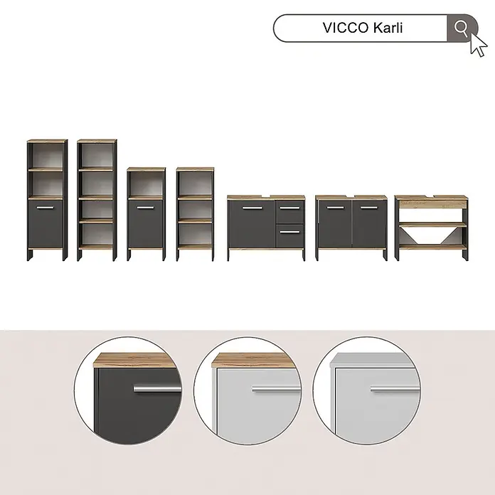 Vicco Badmöbel-Set - Anthrazit, Matt - VICCO Karli Badmöbel: Dunkelgraue/weiße Schränke mit Holzplatten und silbernen Griffen in verschiedenen Ausführungen.