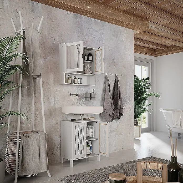 Vicco Badmöbel-Set - Weiß, Sonstiges - Weißer Badunterschrank mit Waschbecken und Spiegelschrank für stilvolle Aufbewahrung.