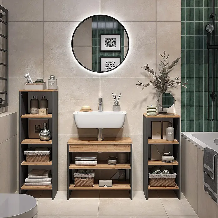 Vicco Badmöbel-Set - Anthrazit, Matt - Modernes Badmöbelset mit hellen Holzablagen und dunkelgrauen Rahmen, bietet Stauraum für Toilettenartikel und Handtücher.