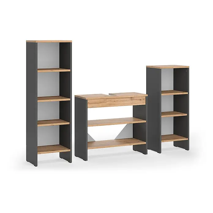 Vicco Badmöbel-Set - Anthrazit, Matt - Modulares Regal in Dunkelgrau mit hellen Holz-Effektböden und hellgrauen Rückwänden, bestehend aus zwei hohen und einer mittleren Einheit mit Aussparung.