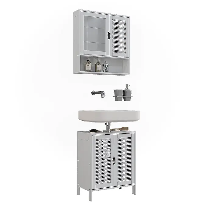 Vicco Badmöbel-Set - Weiß, Sonstiges - Hellgraues Badezimmermöbel-Set mit perforierten und Glastüren, bestehend aus Oberschrank, Waschbecken und Unterschrank.