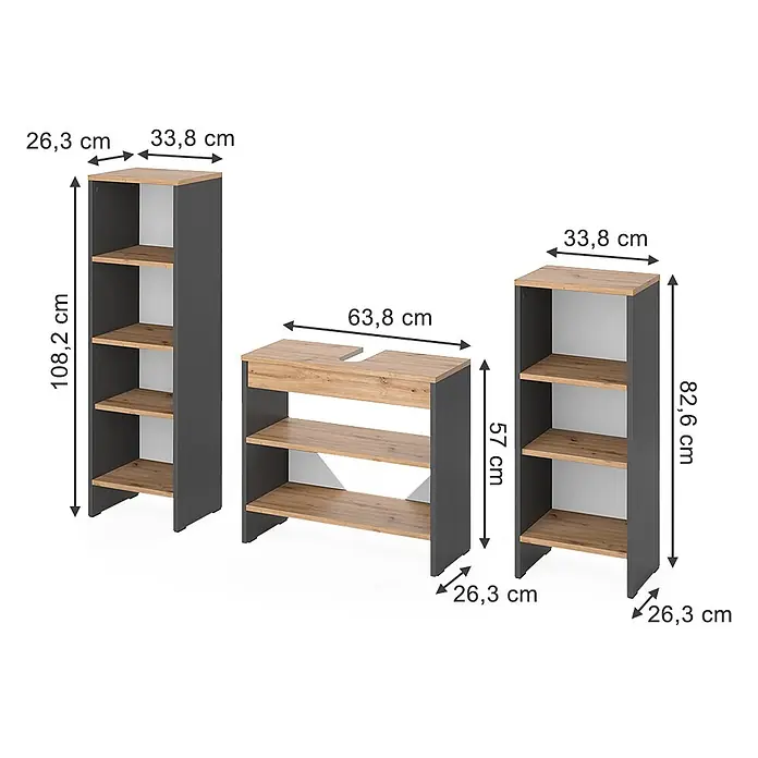 Vicco Badmöbel-Set - Anthrazit, Matt - Drei Badezimmermöbel: zwei hohe Regaleinheiten und ein Waschbeckenunterschrank mit dunkelgrauen Rahmen und hellen Holzablagen/Platten.