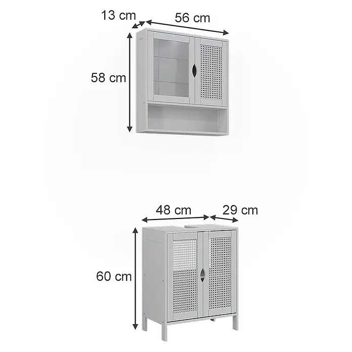 Vicco Badmöbel-Set - Weiß, Sonstiges - Zwei graue Schränke: ein Wandschrank (56x13x58 cm) mit Glas- und Lochtüren, und ein Standschrank (48x29x60 cm) mit Lochtüren.