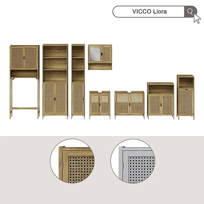 Vicco Badmöbel-Set - Weiß, Sonstiges - VICCO Liora Möbelserie: Helle Holzschränke, Regale und Waschtische mit natürlichen Rattan-Türen für stilvollen Stauraum.