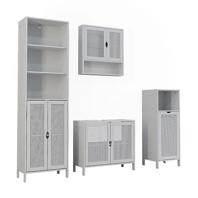Vicco Badmöbel-Set - Weiß, Sonstiges - Hellegraue Aufbewahrungsmöbel mit perforierten Türen: hohes Regal, Wandschrank und zwei Bodenschränke.