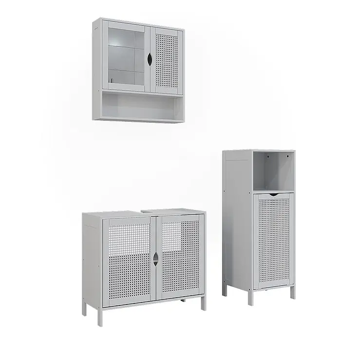 Vicco Badmöbel-Set - Weiß, Sonstiges - Helles graues Badezimmerschrank-Set mit perforierten Türen im Rattan-Stil, bestehend aus Wandschrank, Waschtischunterschrank und Hochschrank.
