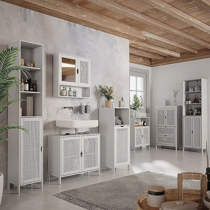 Vicco Badmöbel-Set - Weiß, Sonstiges - Weißes, modernes Badmöbelset mit perforierten Türen, bestehend aus Waschbeckenunterschrank, Hochschränken und Spiegelschrank.