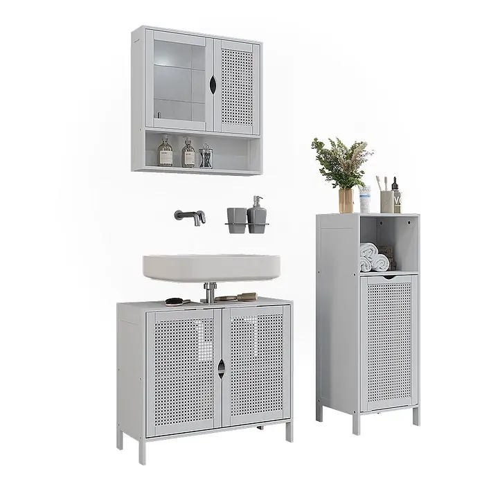 Vicco Badmöbel-Set - Weiß, Sonstiges - Hellgraues Badmöbel-Set mit perforierten Rattan-Paneelen, bestehend aus Waschtischunterschrank, Spiegelschrank und Hochschrank.