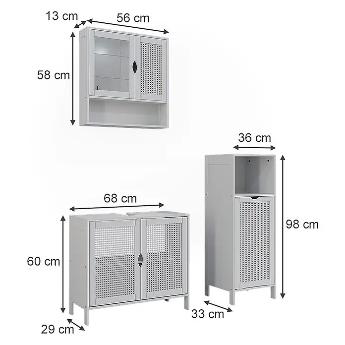 Vicco Badmöbel-Set - Weiß, Sonstiges - Set aus hellgrauen Badmöbeln mit perforierten Türen: Wandschrank, Waschtischunterschrank und Hochschrank.