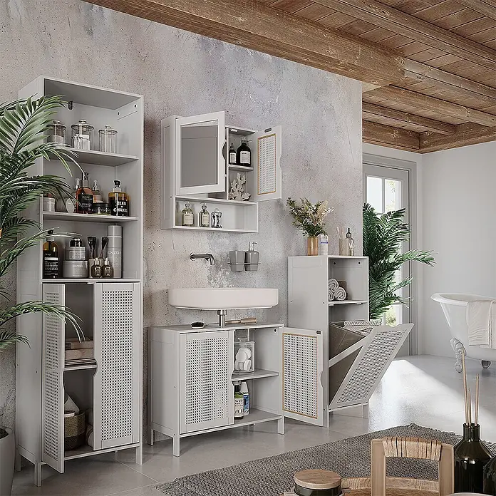 Vicco Badmöbel-Set - Weiß, Sonstiges - Weißes Badmöbelset mit perforierten Türen und Regalen, inklusive Hochschrank, Waschtischunterschrank, Spiegelschrank und Wäschesammler, bietet Stauraum.