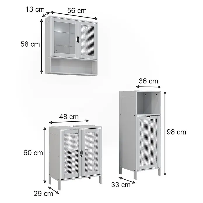 Vicco Badmöbel-Set - Weiß, Sonstiges - Set aus drei hellgrauen Badmöbeln: Wandschrank, Waschbeckenunterschrank und hoher Wäscheschrank, mit Lamellen- oder Glastüren.