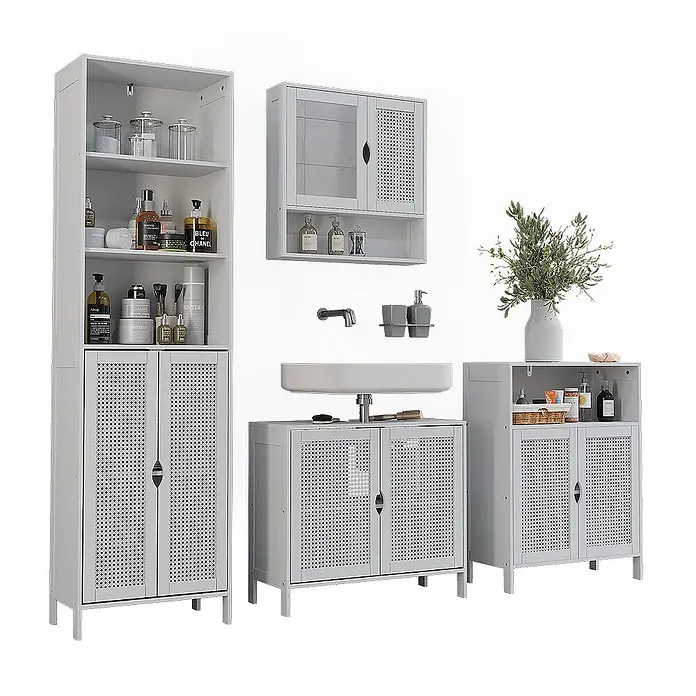 Vicco Badmöbel-Set - Weiß, Sonstiges - Hellgraues Badezimmermöbelset mit perforierten Türen, bestehend aus Hochschrank, Wandschrank, Waschtischunterschrank und Beistellschrank.