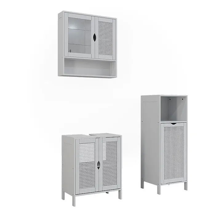 Vicco Badmöbel-Set - Weiß, Sonstiges - Set aus drei hellgrauen Badezimmerschränken: Wand-, Waschbeckenunter- und Hochschrank, mit Lochmuster- und Glastüren.