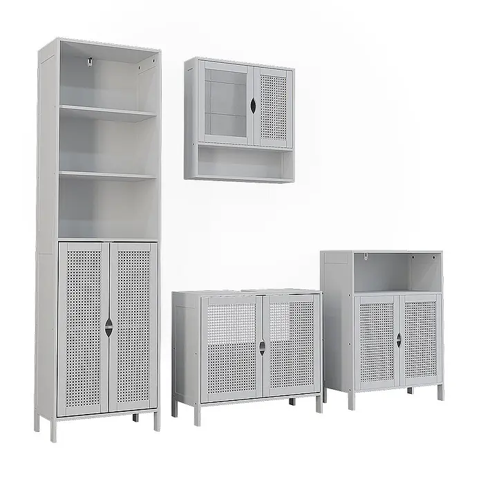 Vicco Badmöbel-Set - Weiß, Sonstiges - Weißes Holzschrank-Set mit gelochten und Glastüren: Hochschrank, Wandschrank, zwei Unterschränke.