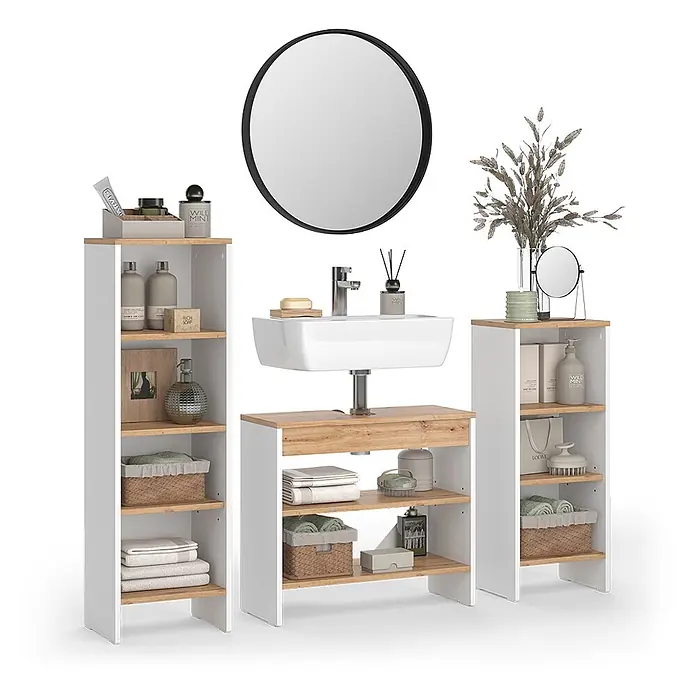 Vicco Badmöbel-Set - Weiß, Matt - Modernes Badmöbelset mit weißem Waschbecken, Chromarmatur, rundem Spiegel und weißen Regalschränken mit hellen Holzablagen.