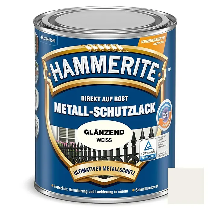 Hammerite Metall-Schutzlack - Weiß, 750 ml, Glänzend, Lösemittelbasiert - Dose Hammerite Metall-Schutzlack glänzend weiß für direkten Rostschutz, Grundierung und Lackierung in einem Schritt. Schnelltrocknend und TÜV-Rheinland zertifiziert.