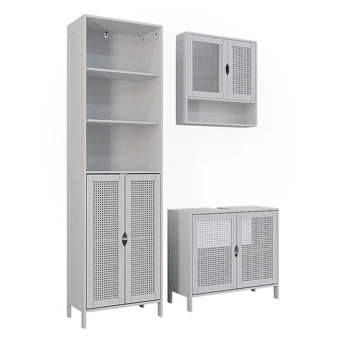 Vicco Badmöbel-Set - Weiß, Sonstiges - Helles graues Holz-Aufbewahrungsmöbel-Set: hoher Schrank mit offenen Regalen und Rattan-Türen, Wandschrank und niedriger Beistellschrank.