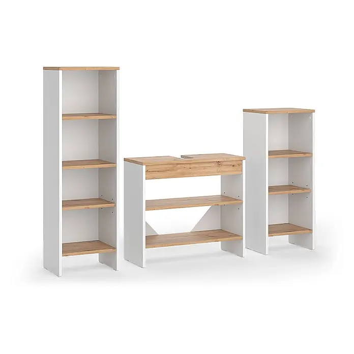 Vicco Badmöbel-Set - Weiß, Matt - Weißes modulares Regalsystem mit hellen Holzoptik-Böden und -Platten, zwei hohe und ein niedriges Element mit Waschtisch-Ausschnitt.