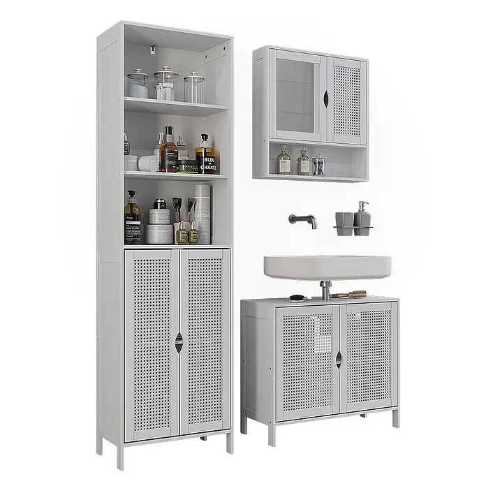 Vicco Badmöbel-Set - Weiß, Sonstiges - Hellgraues Badmöbel-Set mit perforierten Türen: Hochschrank, Wandschrank und Waschtischunterschrank.