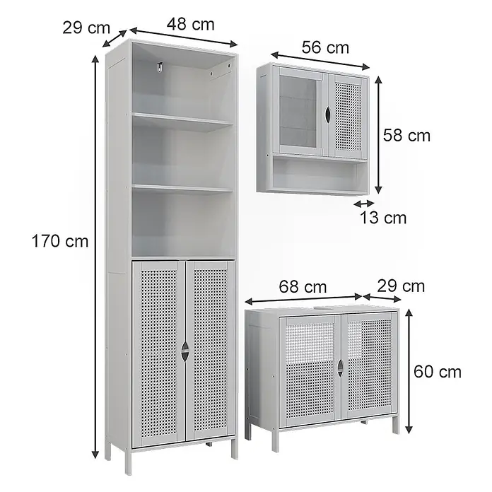 Vicco Badmöbel-Set - Weiß, Sonstiges - Weißes Aufbewahrungsmöbel-Set mit Lochtüren: hohes Regal, Wandschrank, niedriger Schrank, mit Maßen.