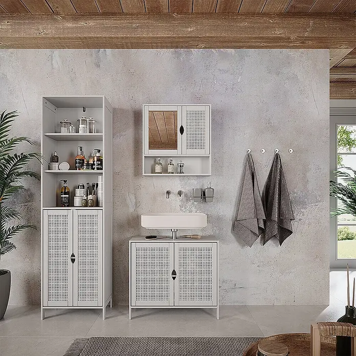 Vicco Badmöbel-Set - Weiß, Sonstiges - Weißes Badezimmerschrank-Set mit perforierten Türen, bestehend aus Hochschrank, Waschtischunterschrank und Spiegelschrank, in einem modernen Bad.