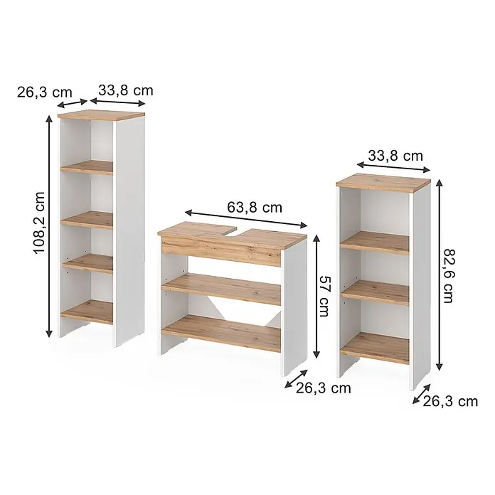 Vicco Badmöbel-Set - Weiß, Matt - Dreier-Set weißer Badschränke mit hellen Holzregalen und -platten, darunter ein Hochschrank, ein Waschtischunterschrank und ein niedrigerer Schrank.