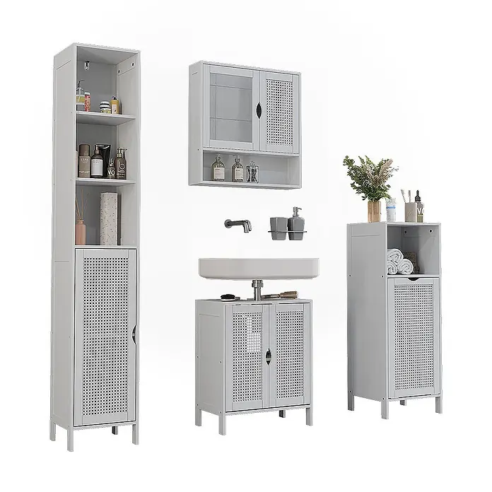 Vicco Badmöbel-Set - Weiß, Sonstiges - Hellgraues Badmöbel-Set mit perforierten Türen. Umfasst Hoch-, Wand-, Waschbecken- und Kommodenschrank.