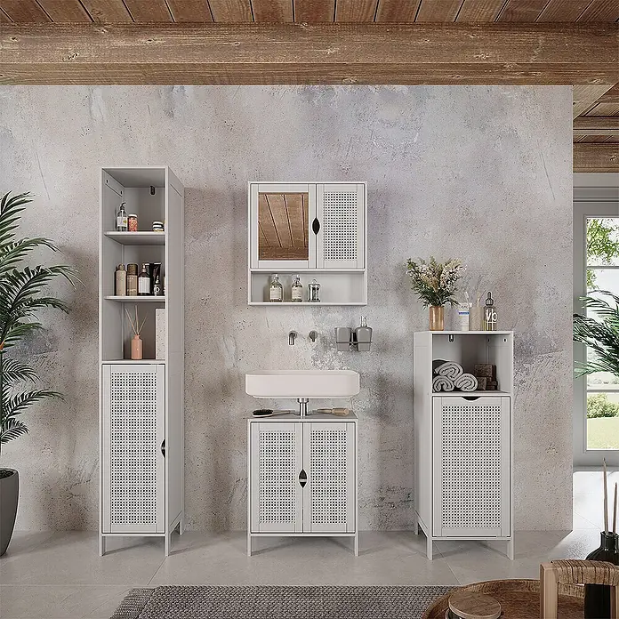 Vicco Badmöbel-Set - Weiß, Sonstiges - Weißes Badmöbelset mit perforierten Türen: Hochschrank, Waschtisch mit Waschbecken und Aufbewahrungsschrank.