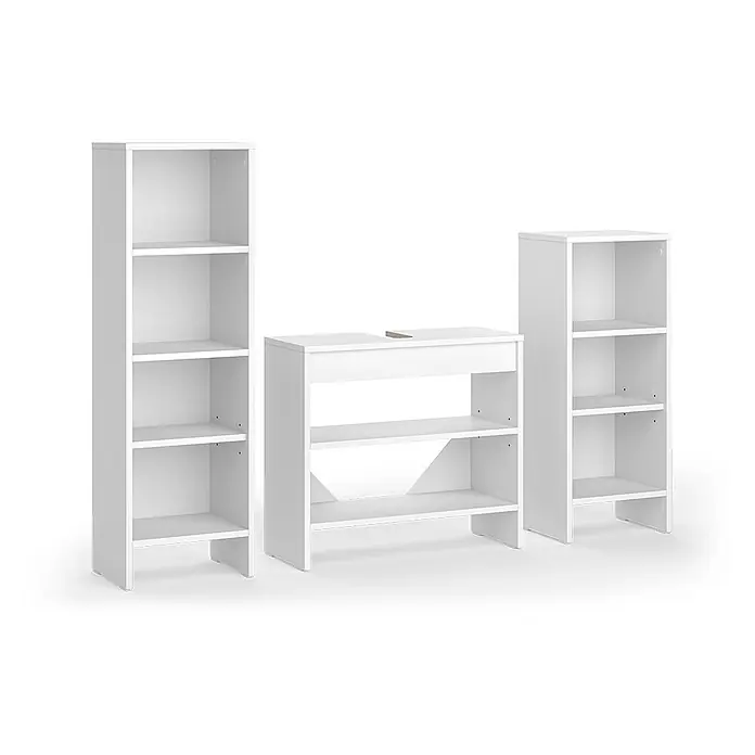 Vicco Badmöbel-Set - Weiß, Matt - Drei weiße modulare Regalsysteme: zwei hohe Bücherregale und ein kürzerer Schreibtischaufsatz mit Aussparung.