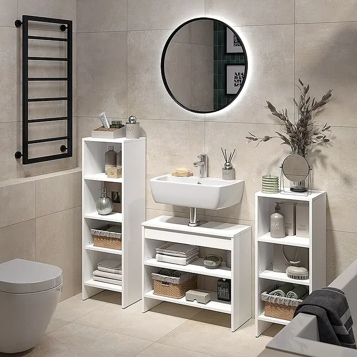 Vicco Badmöbel-Set - Weiß, Matt - Weiße Badmöbel mit Regal und Waschtisch im modernen Badezimmer zur Aufbewahrung von Pflegeprodukten und Handtüchern.