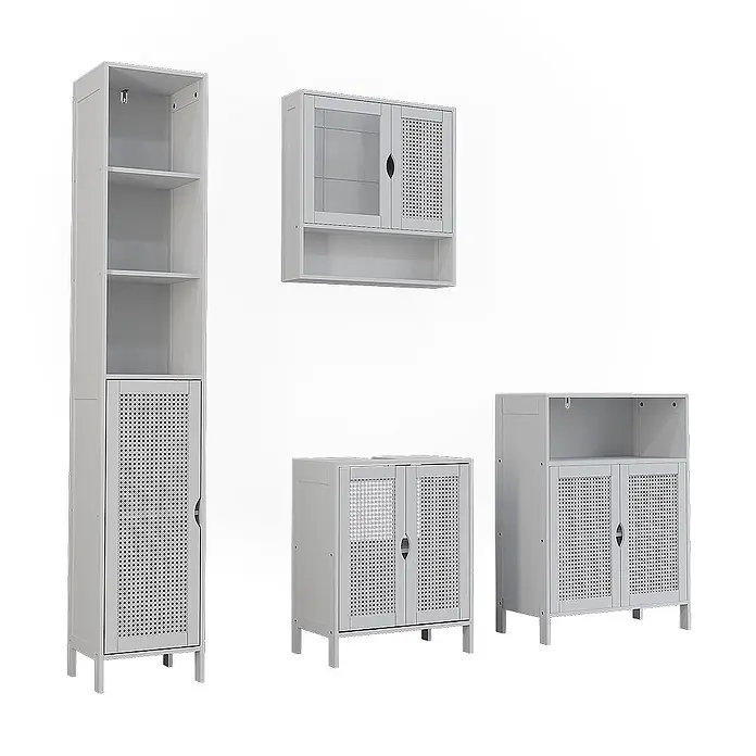 Vicco Badmöbel-Set - Weiß, Sonstiges - Set weißer Aufbewahrungsschränke: Hochschrank, Wandschrank und zwei Unterschränke. Die meisten Türen sind gelocht, eine ist aus Glas.