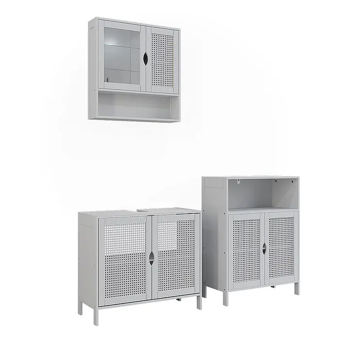 Vicco Badmöbel-Set - Weiß, Sonstiges - Drei hellgraue Badezimmerschränke: ein Wandschrank, ein Waschbeckenunterschrank und ein Beistellschrank, alle mit perforierten Rattan-Türen.