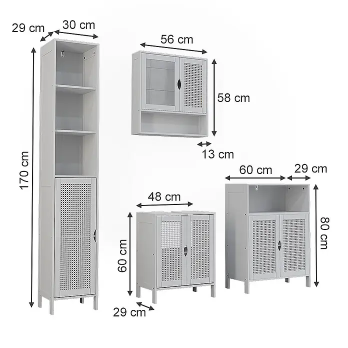 Vicco Badmöbel-Set - Weiß, Sonstiges - Set aus hellgrauen Badschränken: hoher Schrank, Wandschrank (teilweise verglast) und zwei Unterschränke, mit perforierten Türen.