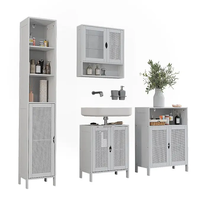 Vicco Badmöbel-Set - Weiß, Sonstiges - Helles graues Badmöbel-Set mit Hochschrank, Wandschrank, Waschtisch und Lagerschrank, alle mit perforierten Türen.